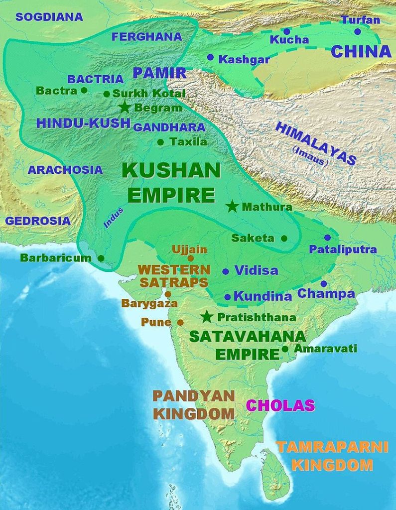 Maximum extent of the Kushan Empire (dotted line); Source: By PHGCOM - Own work, CC BY-SA 3.0, https://commons.wikimedia.org/w/index.php?curid=2110032