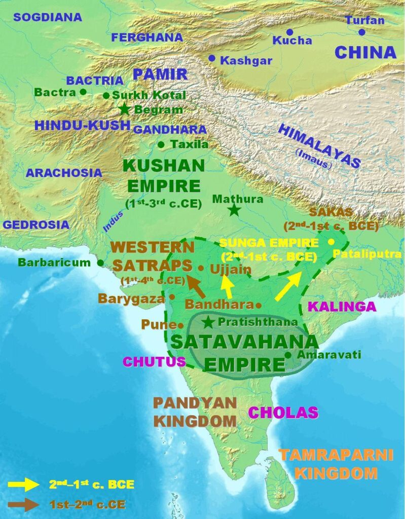 Maximum Extent of Satavahana Empire (at different periods marked by continued and dotted lines), along with neighboring powers