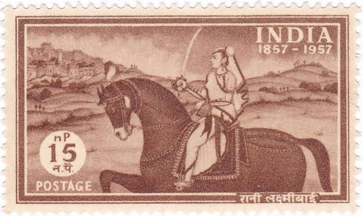 Stamp of Rani Laxmibai issued by Indian government in 1957, to celebrate centenary of the 1857 Rebellion; Image Source 
