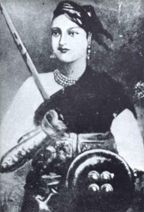 Portrait of Rani Laxmibai in traditional cavalry attire of the Maratha Empire