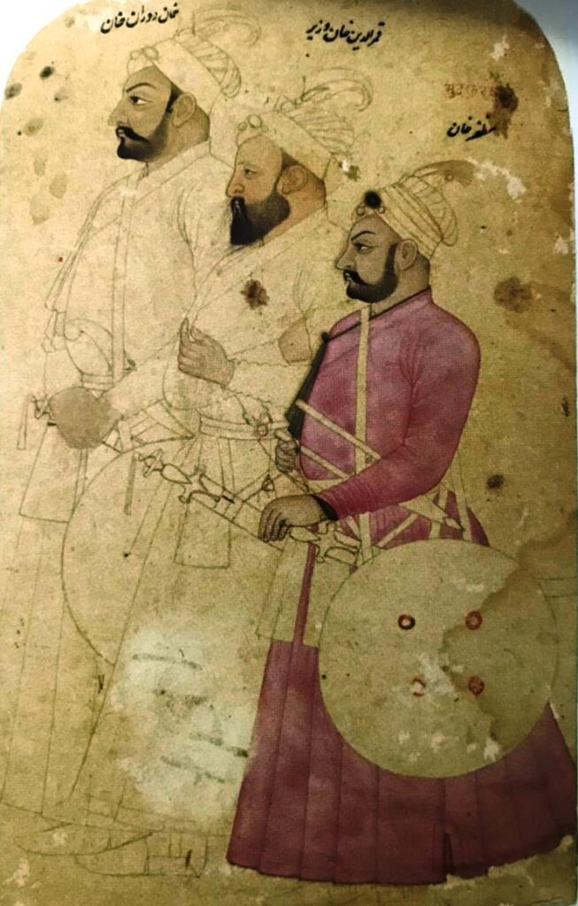 L-R: Khan Dauran, Wazir Qamruddin Khan, Muzaffar Khan; Source: Museum of Fine Arts, Boston (The Era of Bajirao Book)