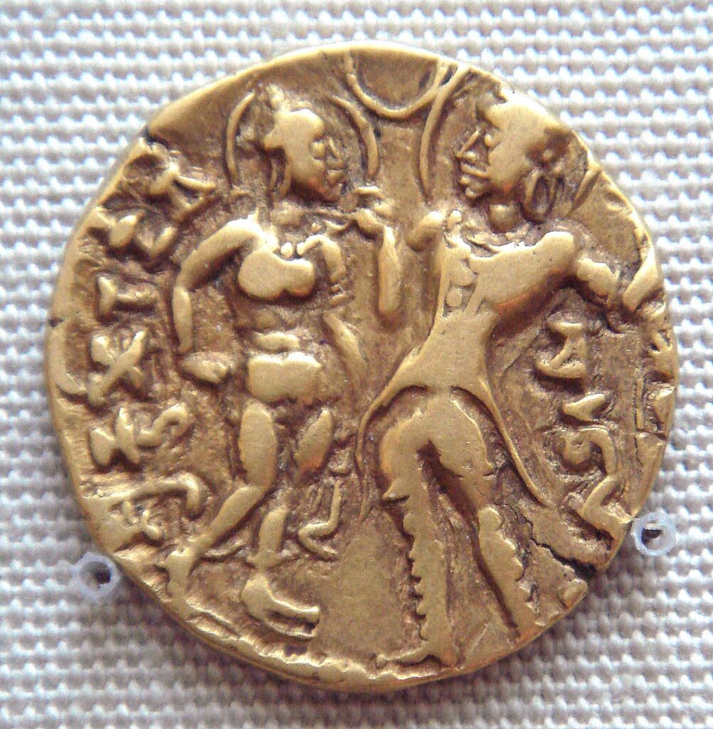 Gold coin depicting Maharajadhiraj Chandragupta I and Maharani Kumaradevi; Image by Uploadalt - Own work, photographed at the British Museum, CC BY-SA 3.0