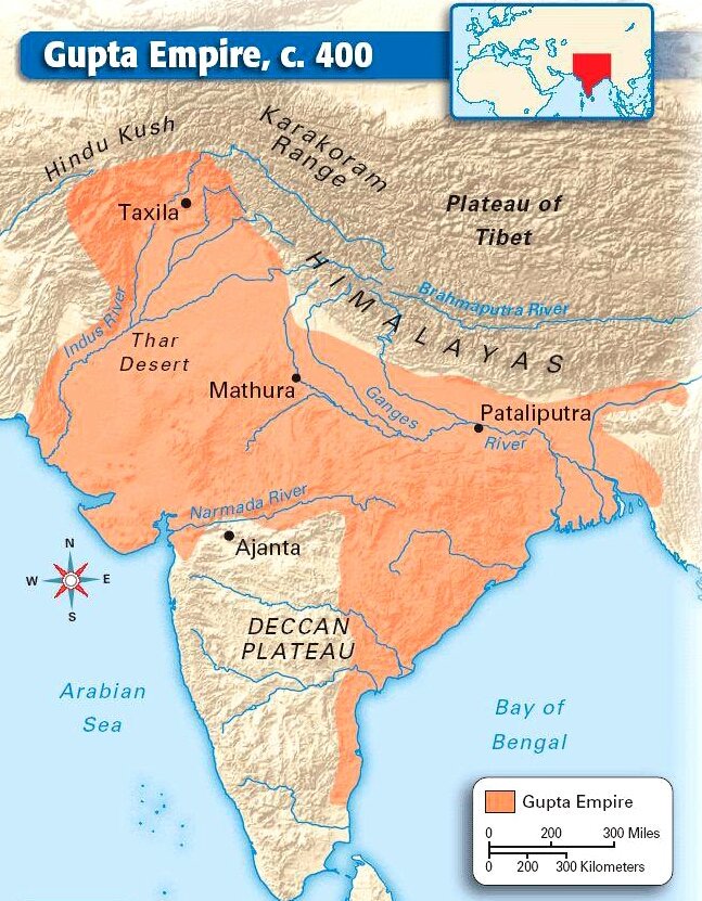 Maximum extent of the Gupta Empire under Chandragupta II (414 CE, including tributaries)