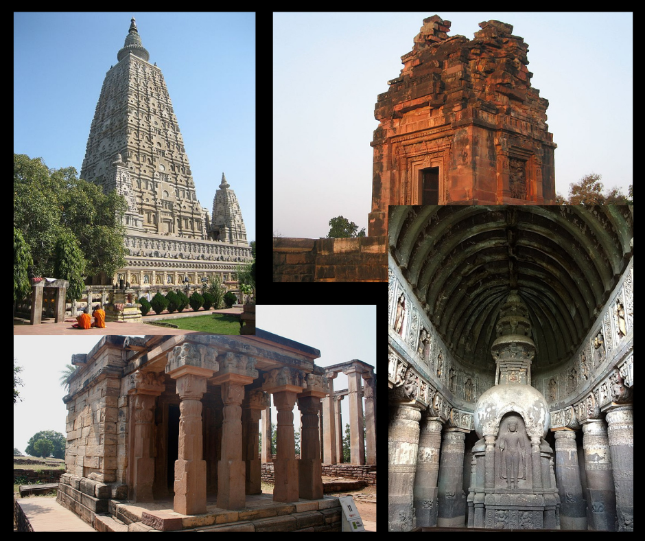 Gupta Empire-era architecture (clockwise): Mahabodhi Temple, Dashavtara Temple, Ajanta Caves, Sanchi Temple